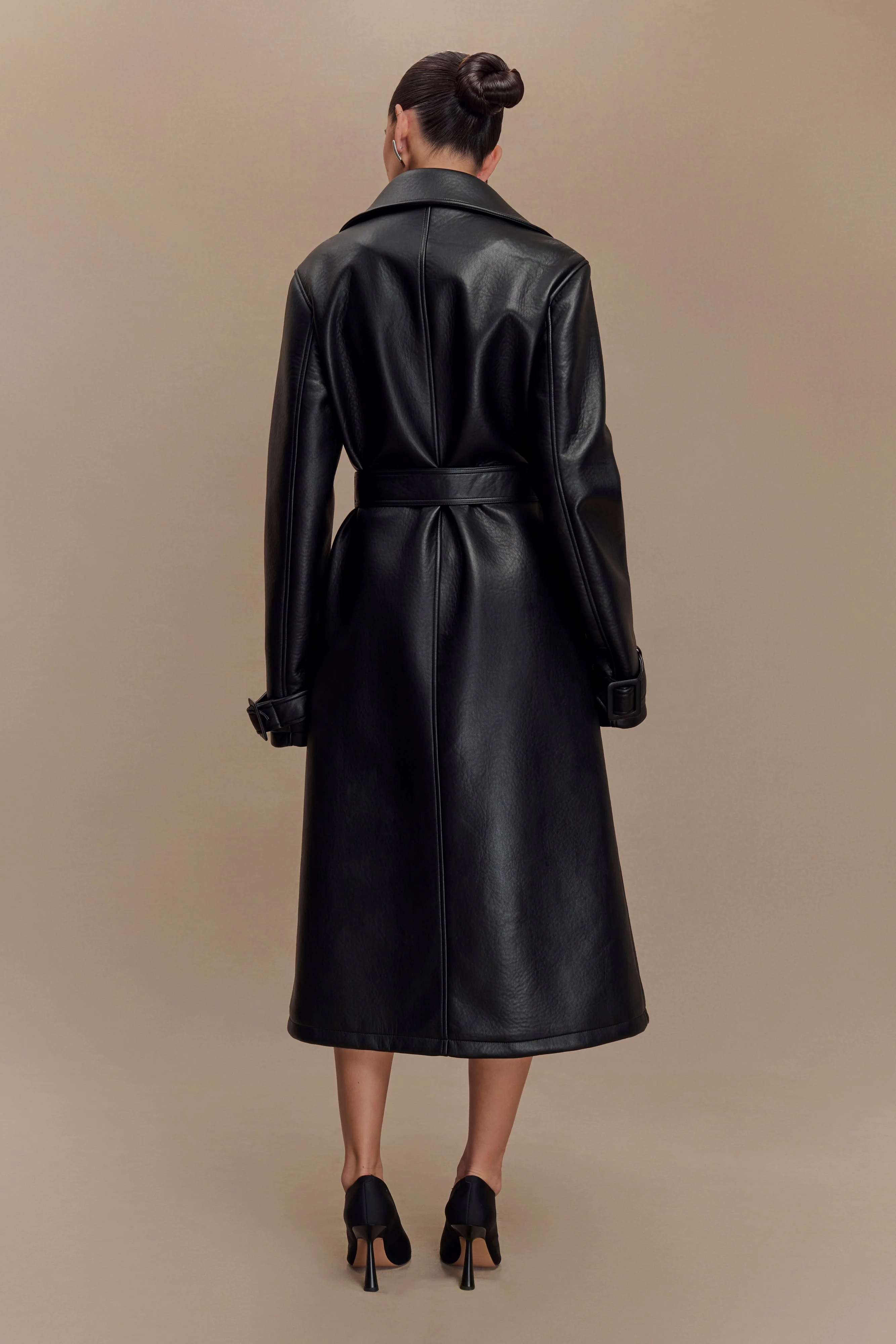 Tarah Faux Leather Trench Coat - Black - Image 5