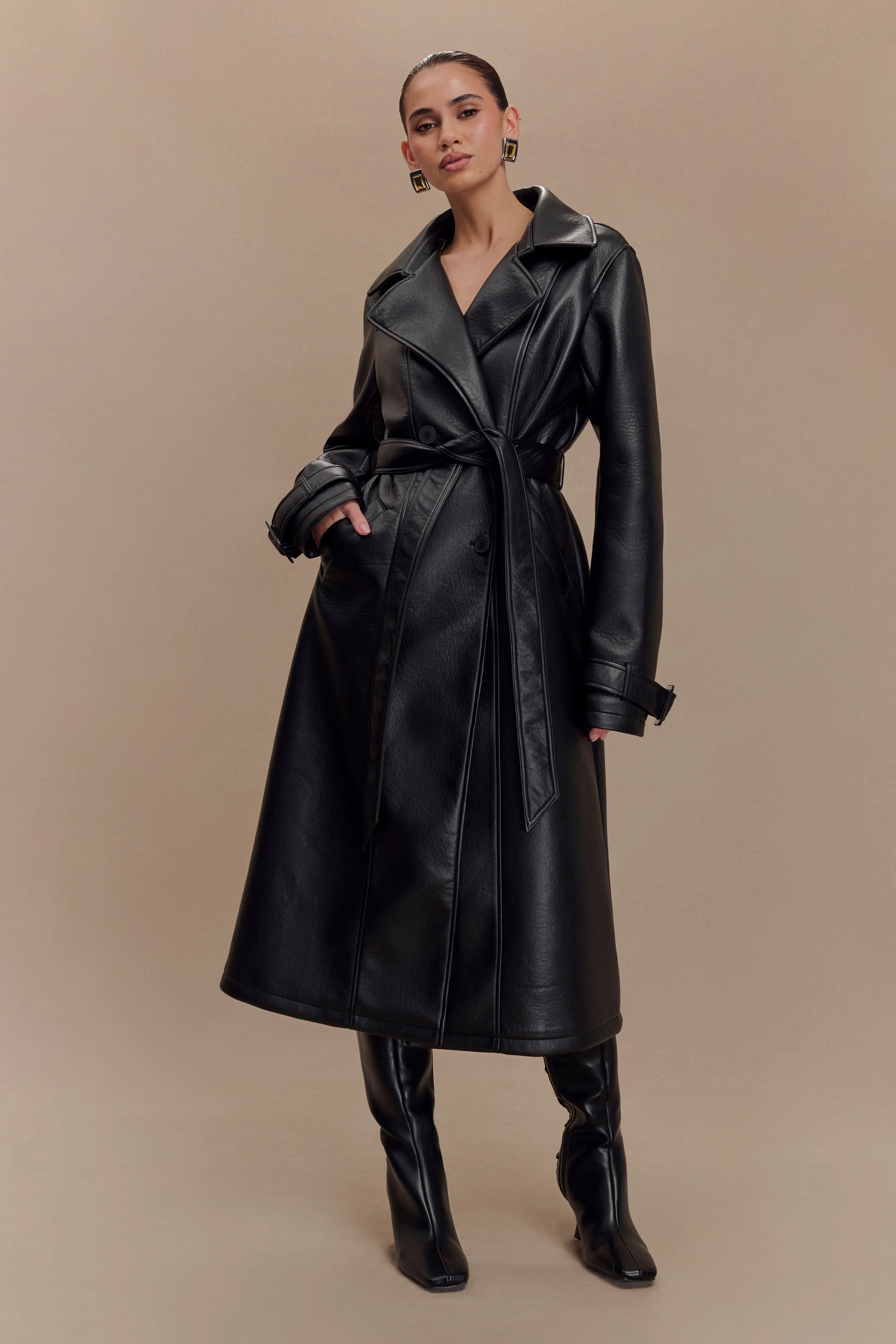 Tarah Faux Leather Trench Coat - Black - Image 8