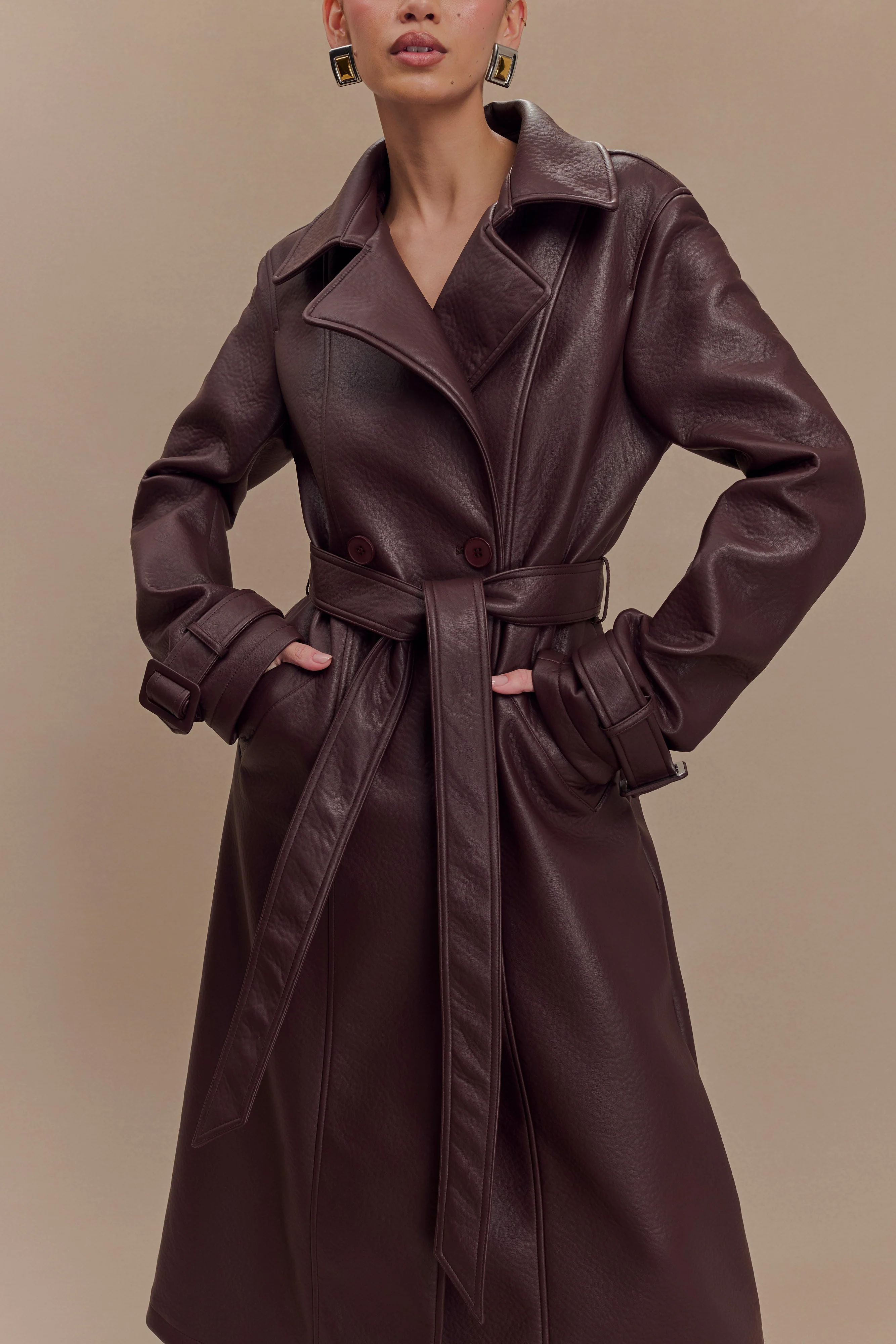 Tarah Faux Leather Trench Coat - Cacao Brown - Image 4