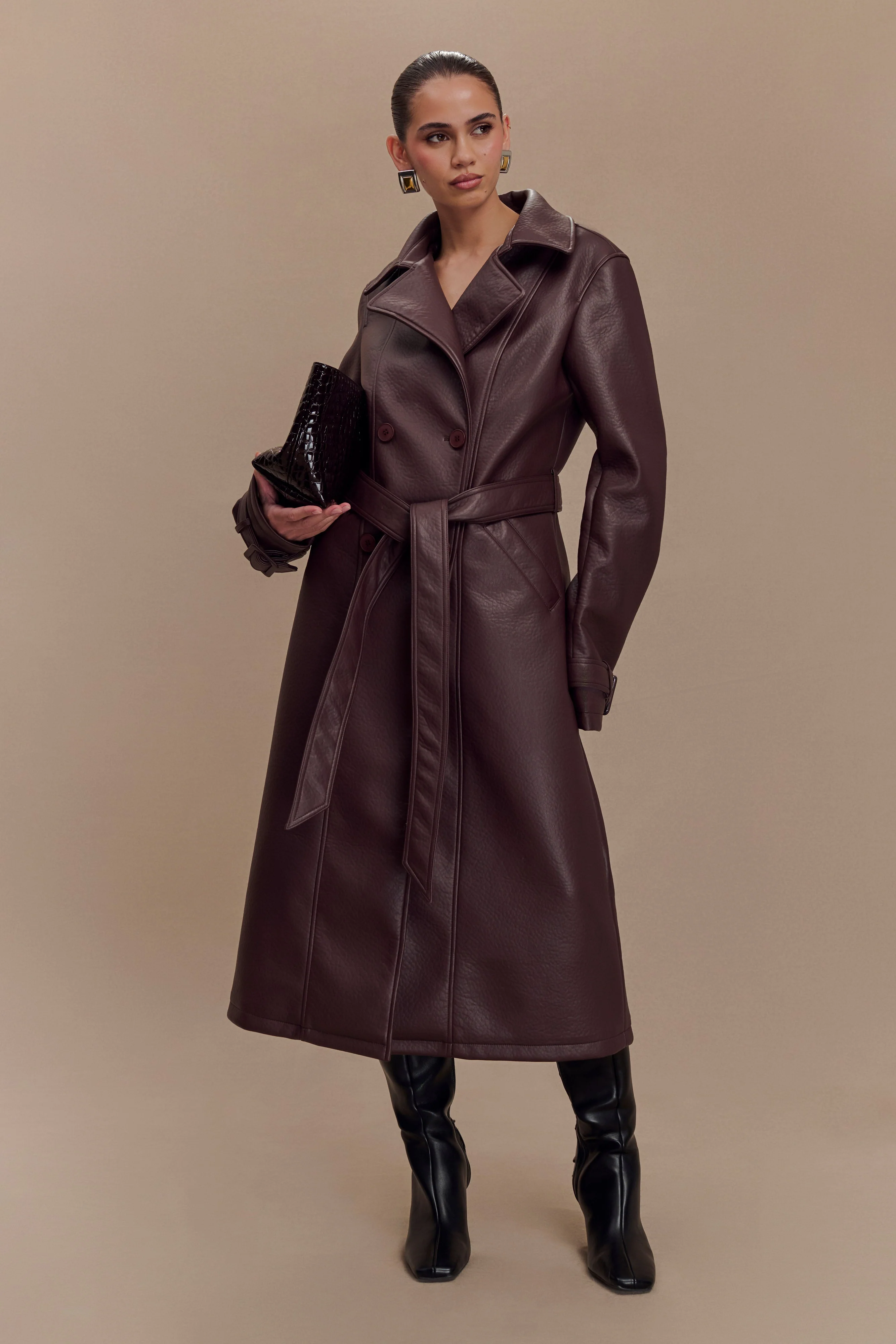 Tarah Faux Leather Trench Coat - Cacao Brown - Image 8