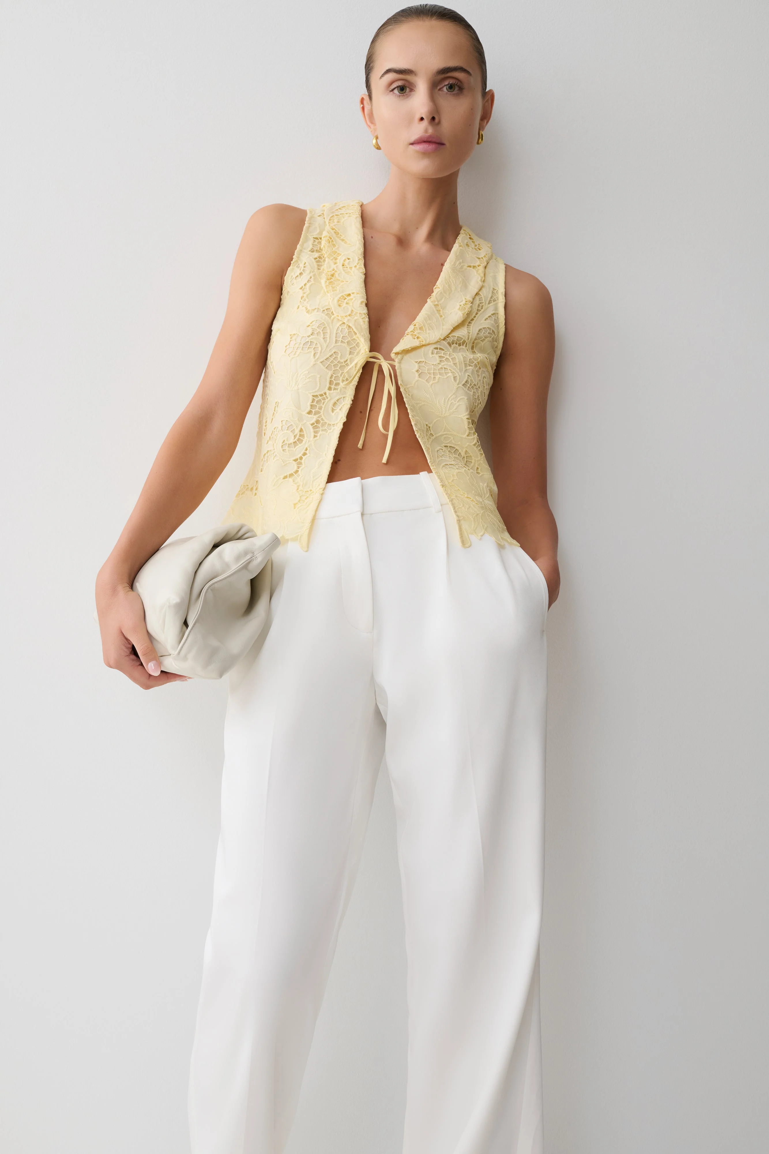 Tessa Broderie Tie Front Sleeveless Top - Lemon - Image 6