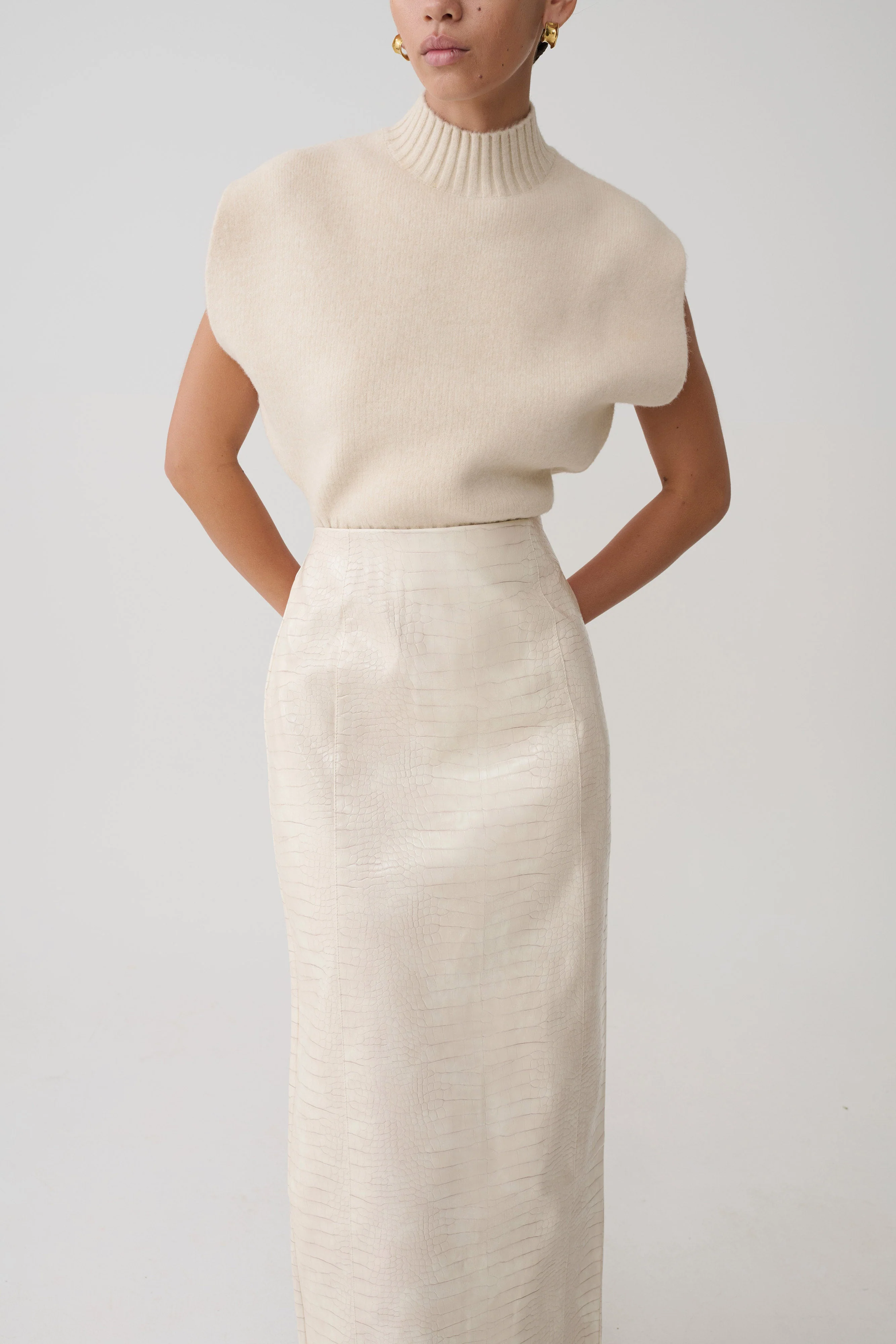 Thalia Croc Faux Leather Midi Skirt - Ivory - Image 8