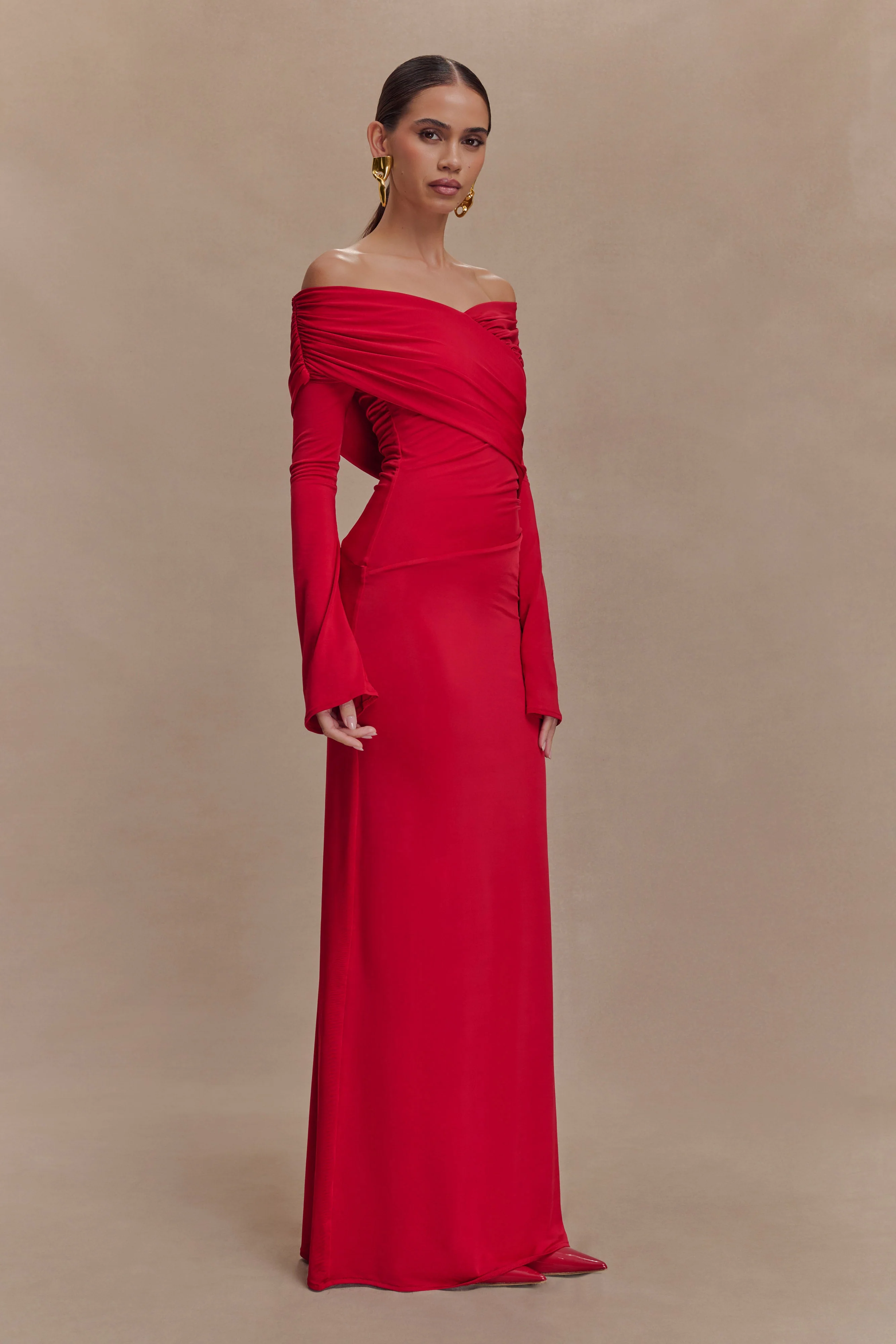 Therese Off Shoulder Ruched Maxi Dress - Red - Image 5