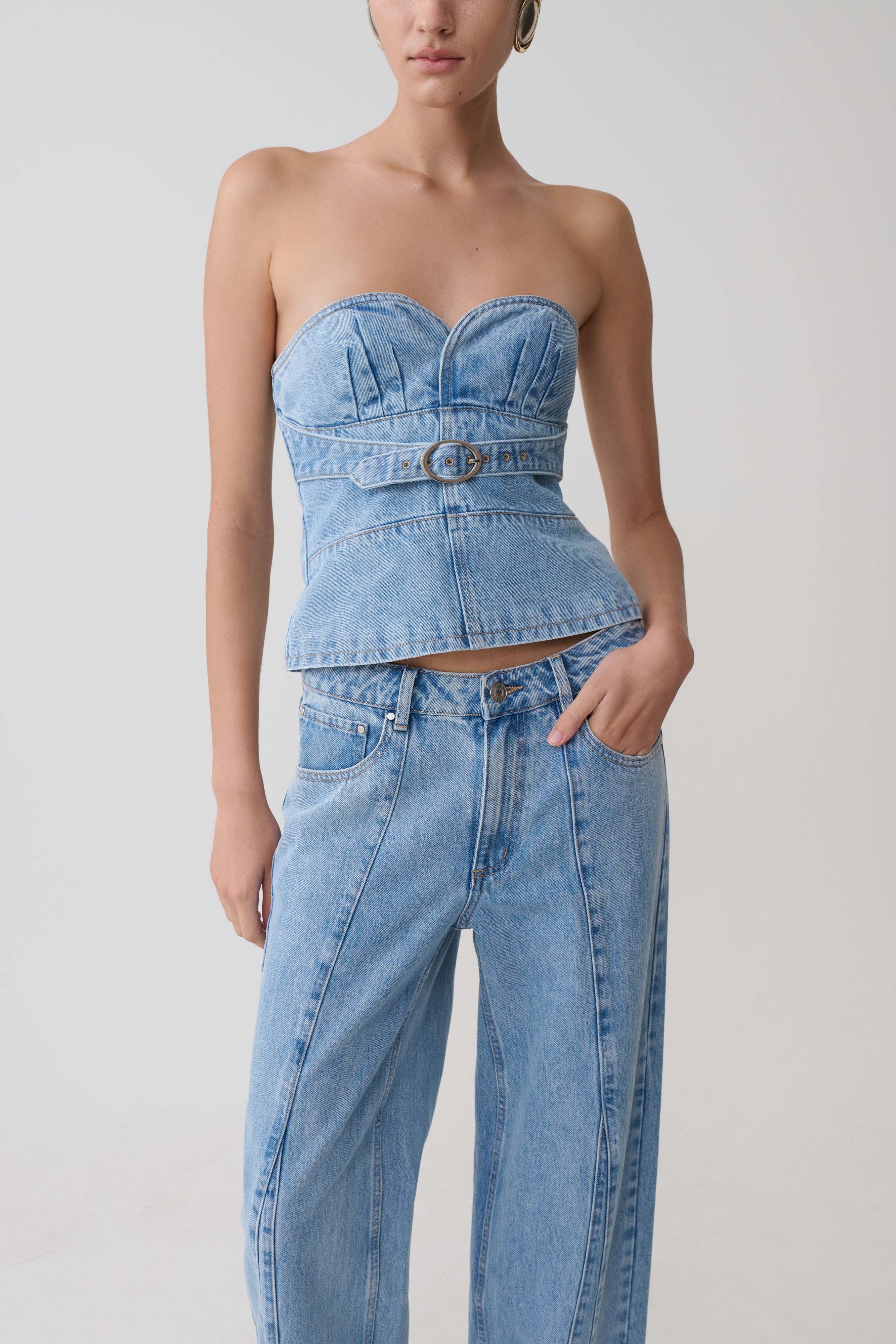 Tommy Strapless Denim Top With Buckle - Classic Blue - Image 6