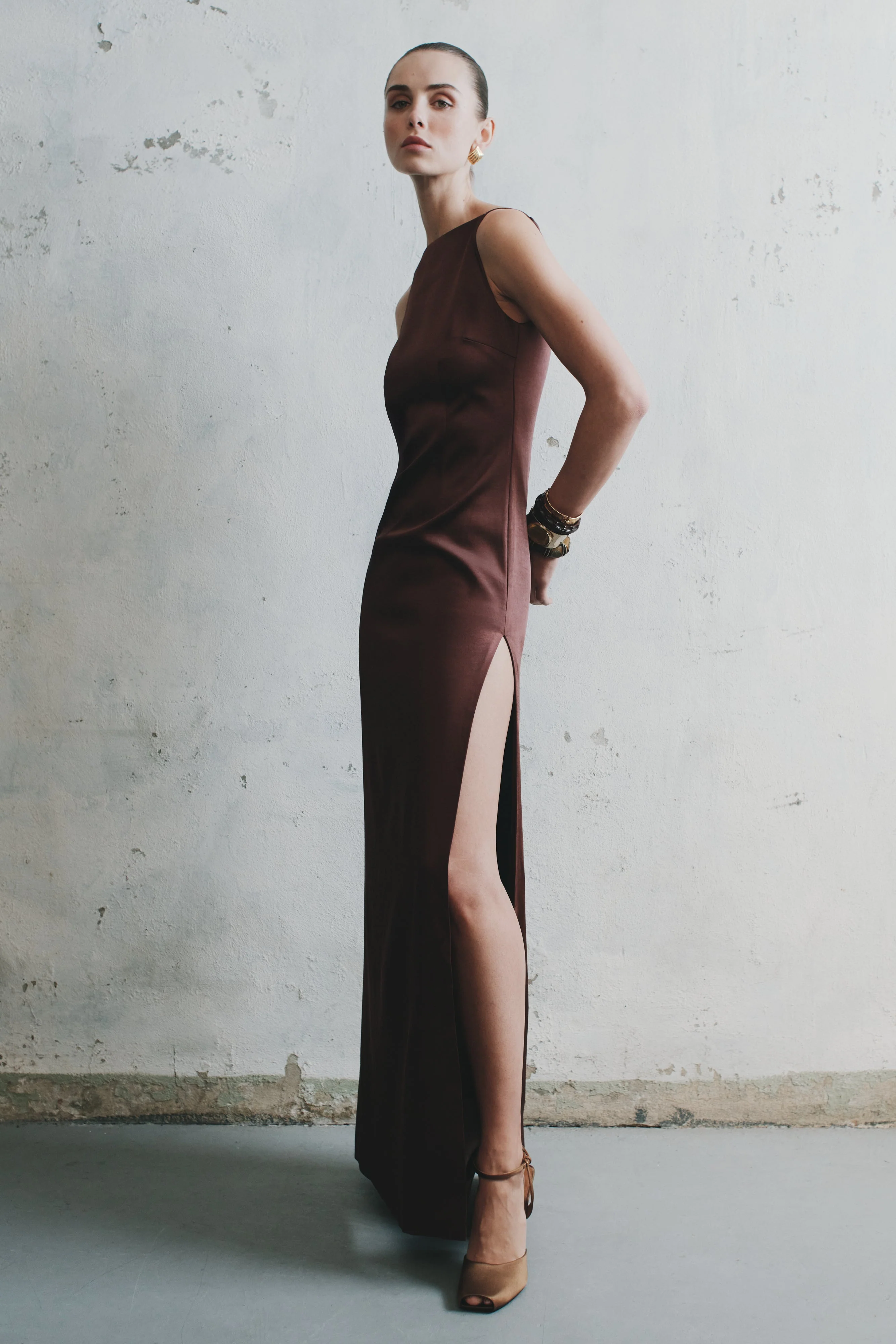 Violet Sleeveless Satin Maxi Dress - Dark Chocolate - Image 3