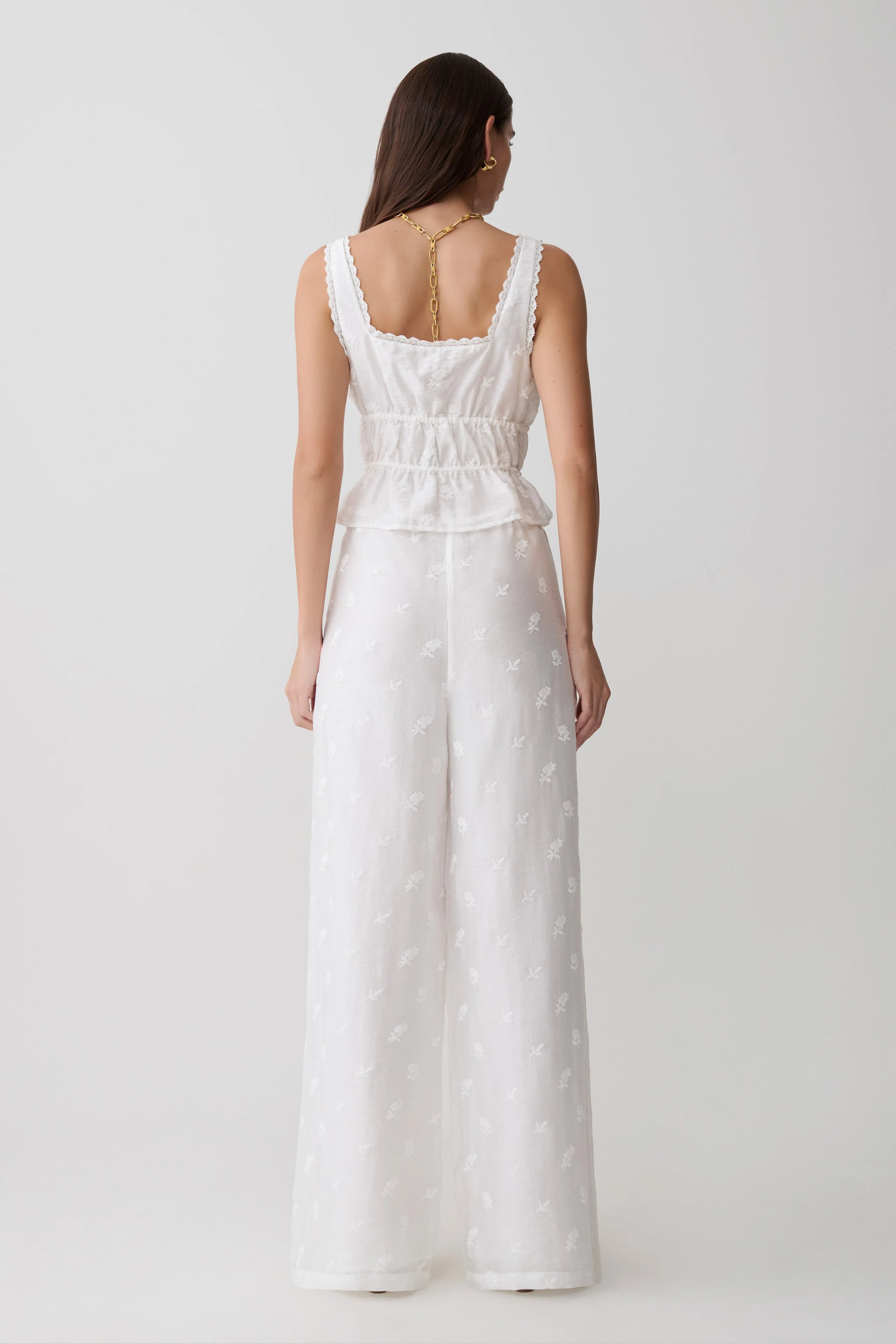 Vivian Tie Waist Embroidered Pant - White - Image 2