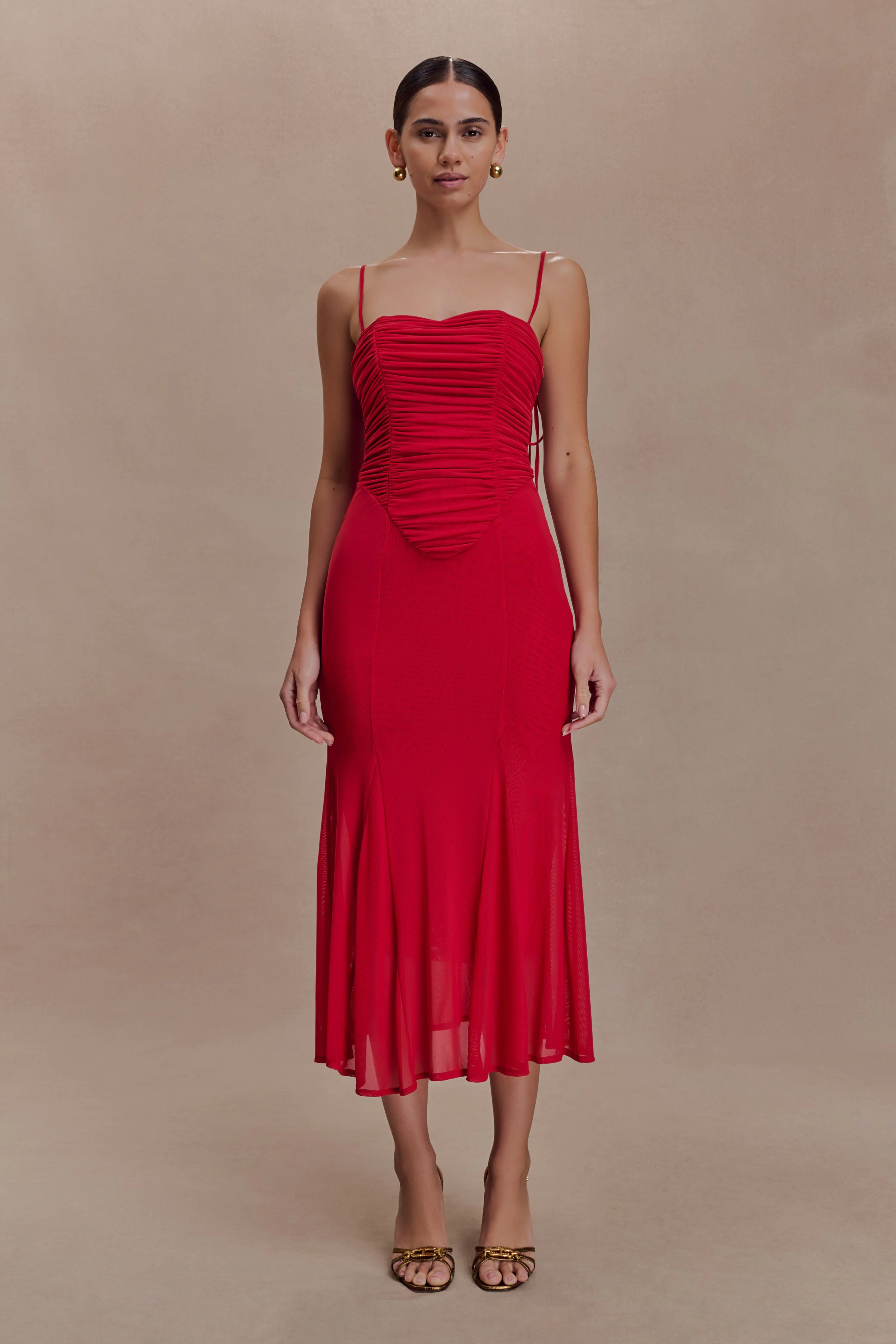 Willa Gathered Mesh Midi Dress - Ruby - Image 2