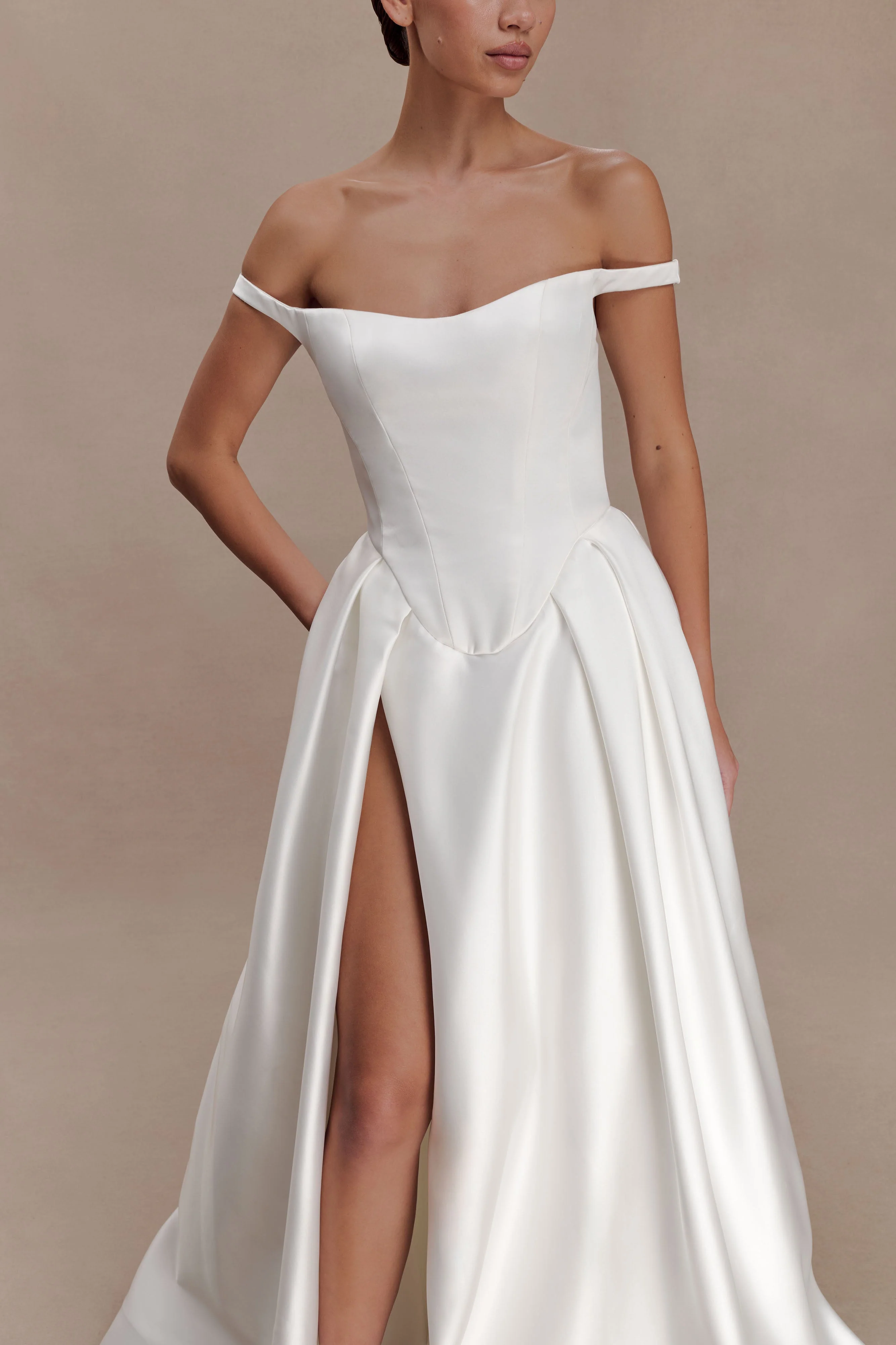 Willow Off Shoulder Satin Maxi Gown - White - Image 9