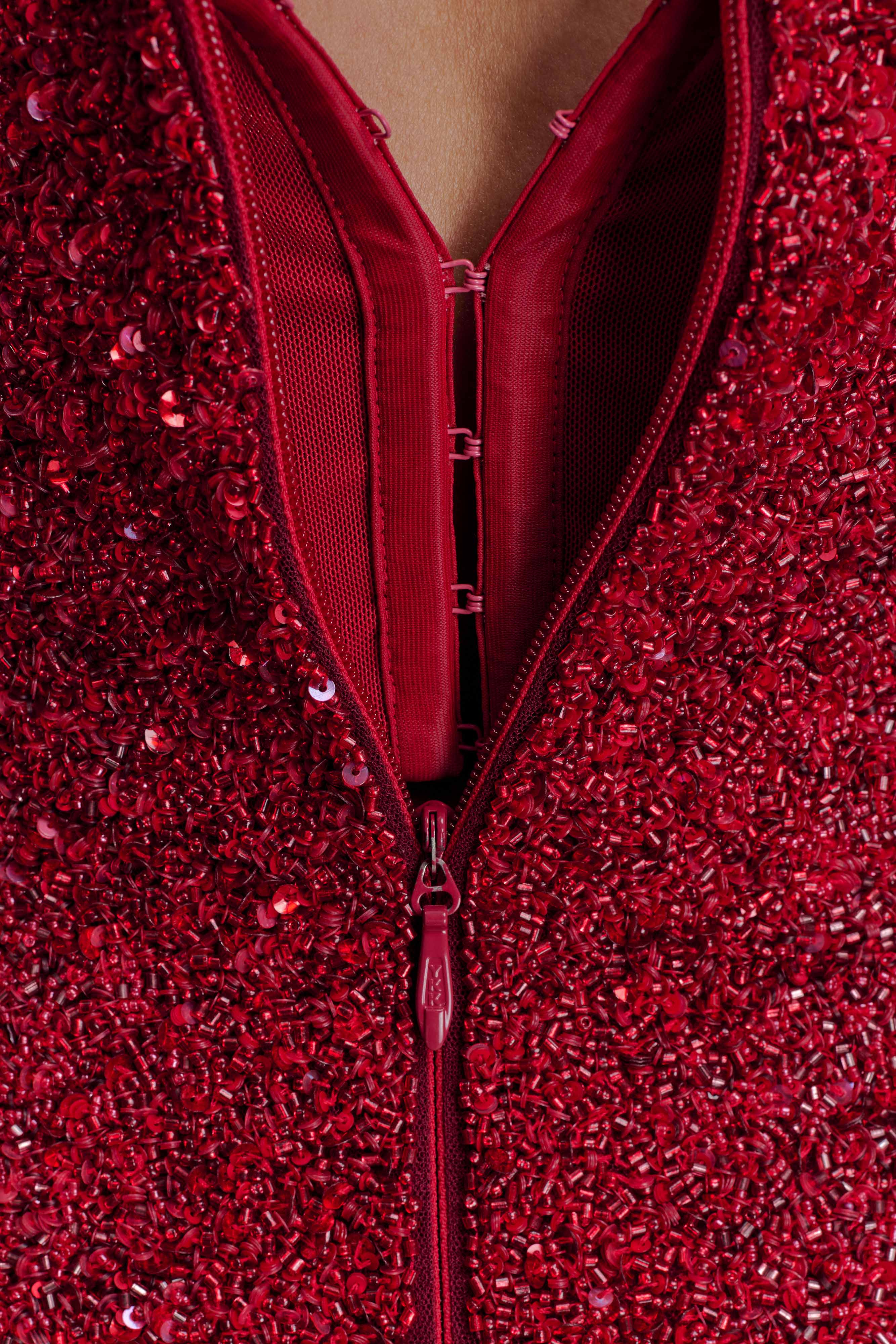 Zander Hand Beaded Strapless Mini Dress - Red Ombre - Image 10