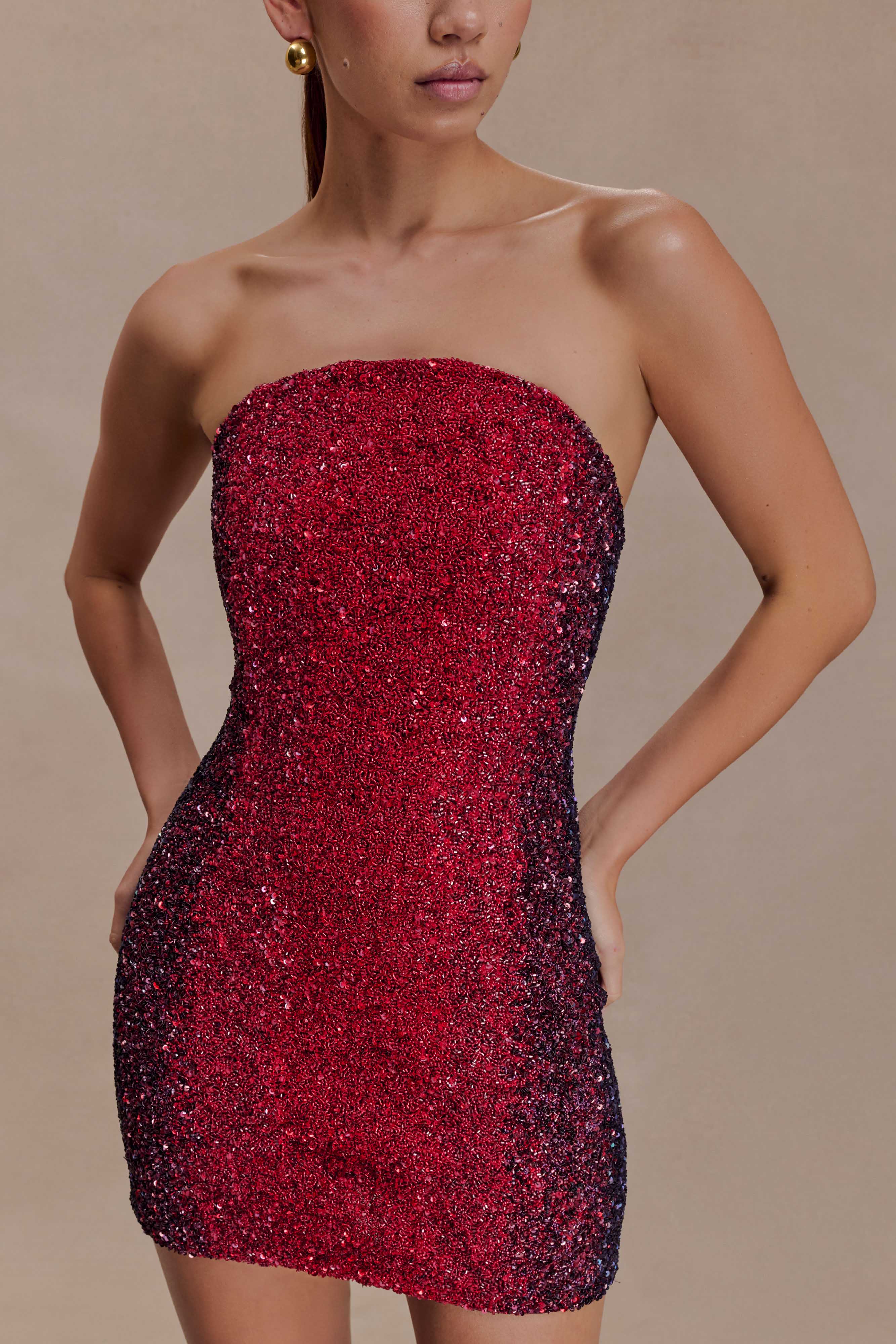 Zander Hand Beaded Strapless Mini Dress - Red Ombre - Image 3