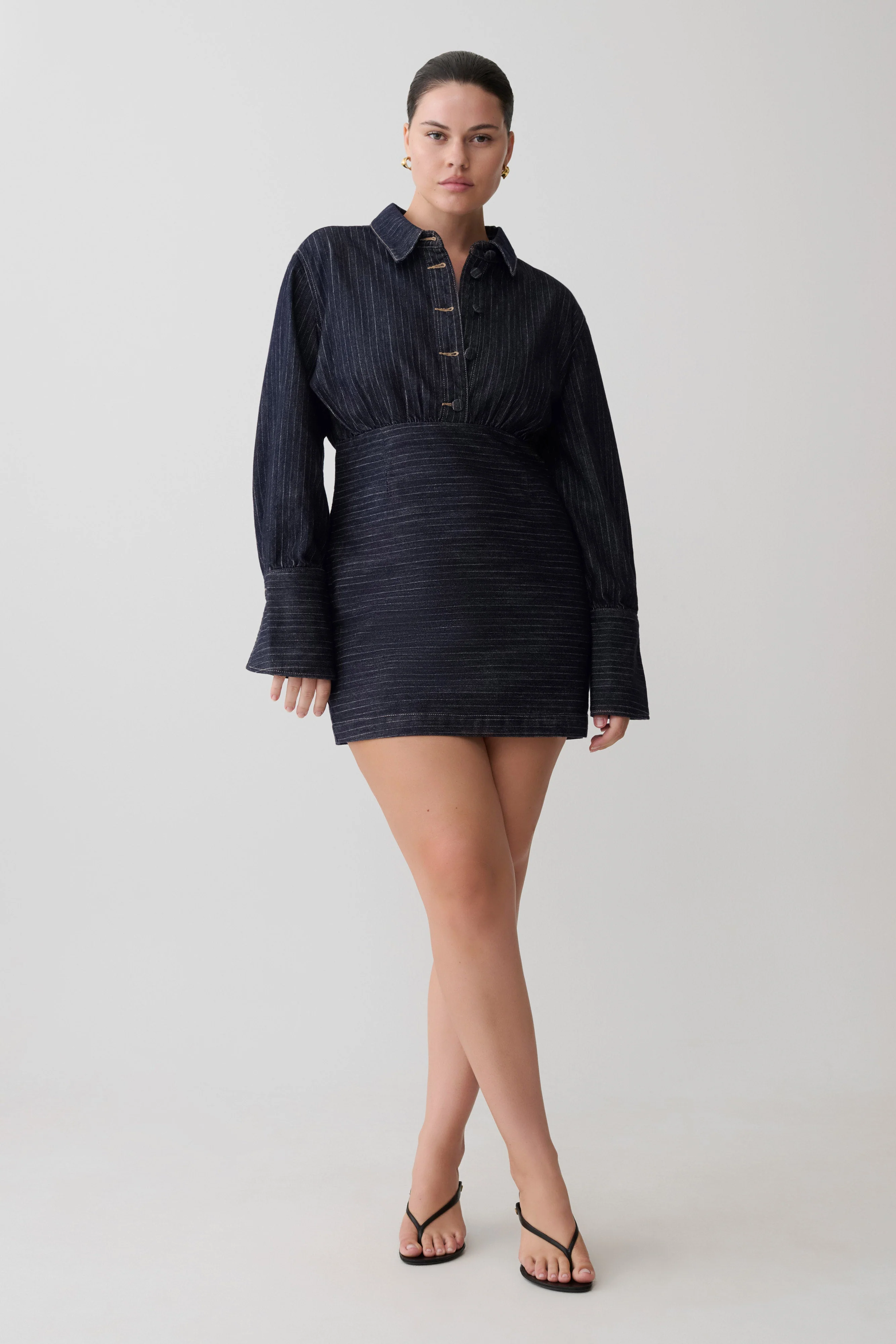 Zarah Denim Long Sleeve Mini Dress - Indigo Pinstripe - Image 3