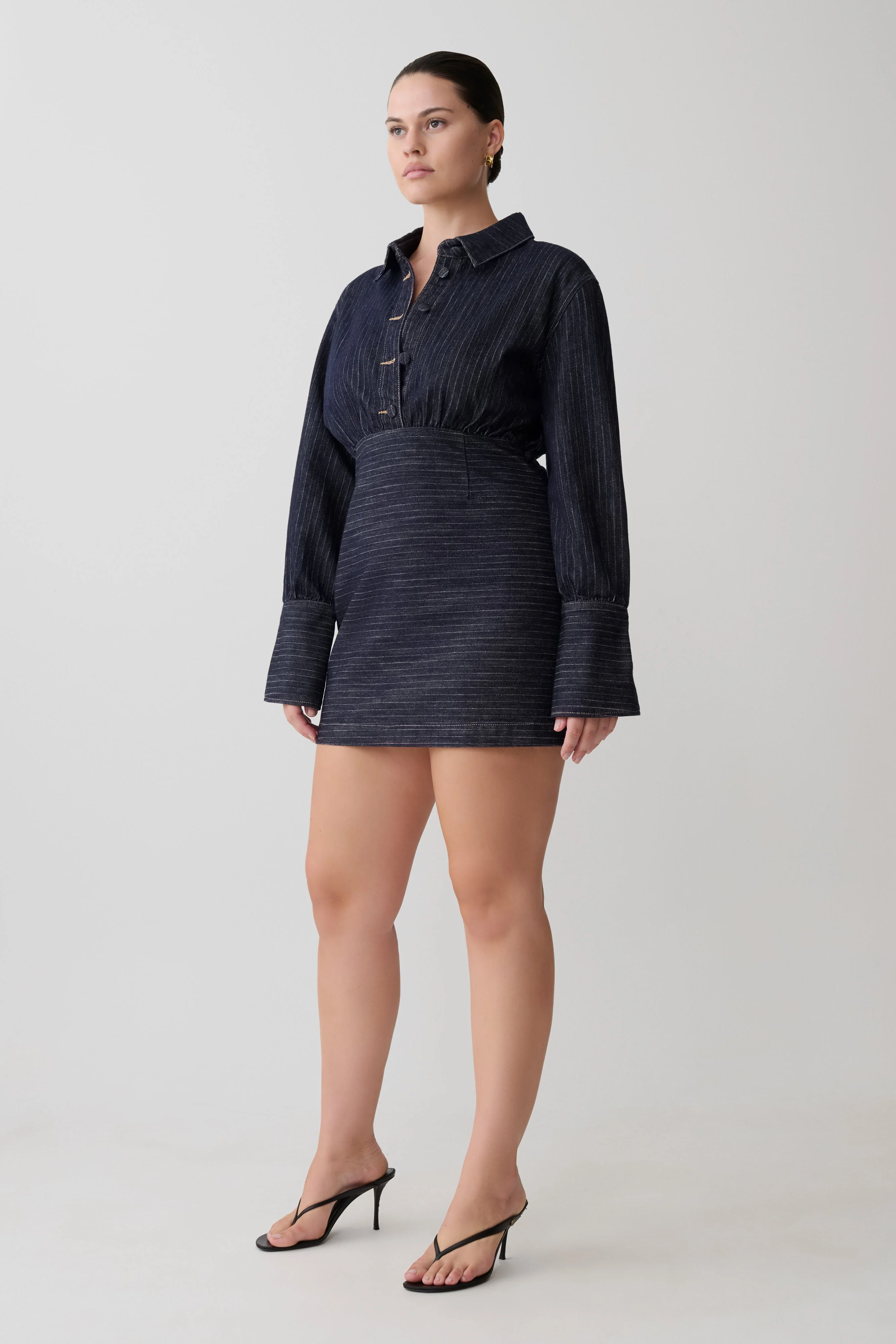 Zarah Denim Long Sleeve Mini Dress - Indigo Pinstripe - Image 4